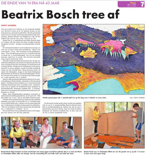 Na 43 jaar, Beatrix Bosch kunstenaar tree af. Lees die artikel in die Eden Express
